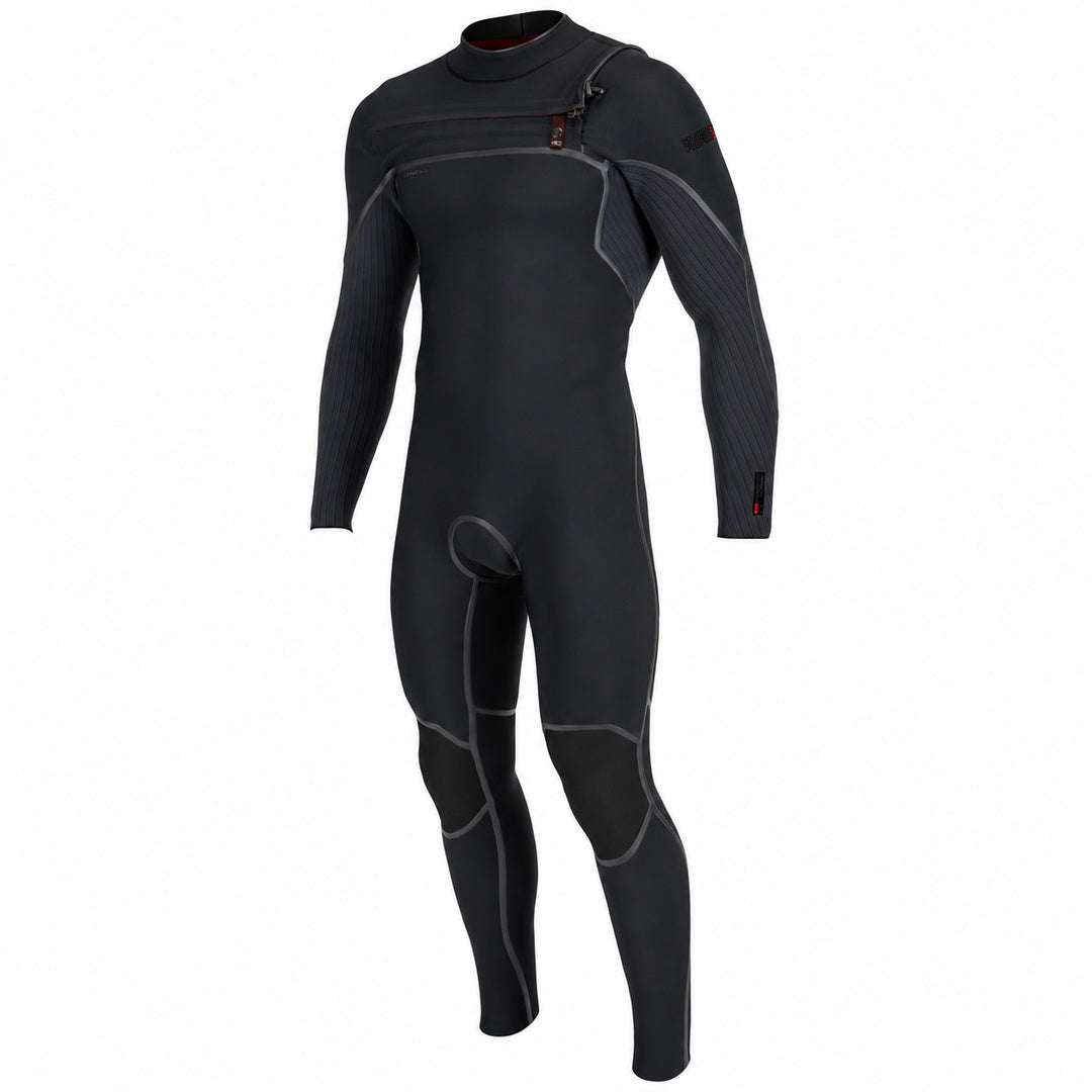 2026 O'Neill Hyperfreak Fire 5/4mm+ Chest Zip Wetsuit Black/Black front view on white