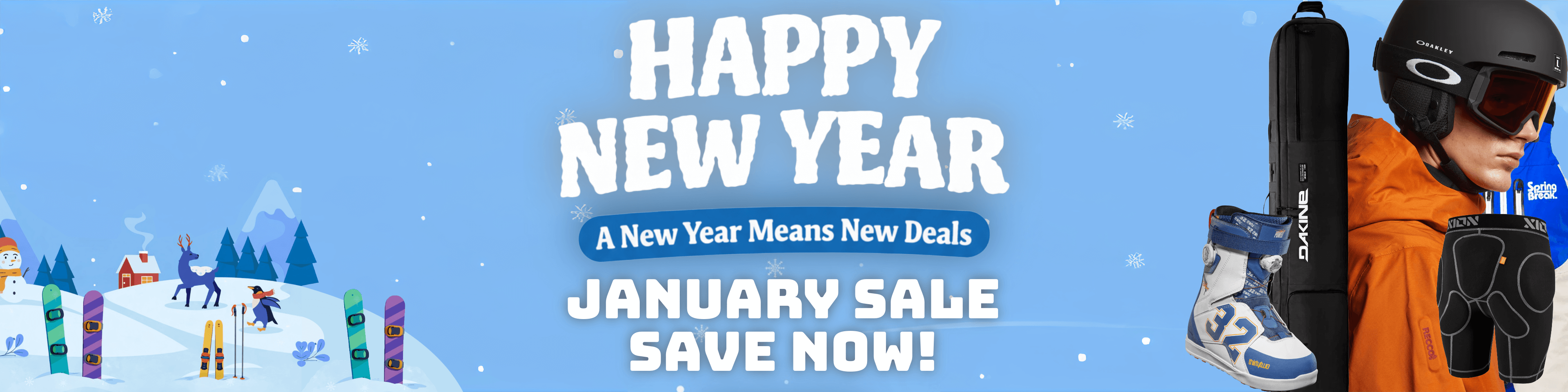 Promotional banner for a New Year sale with skiing equipment and text on a snowy background.