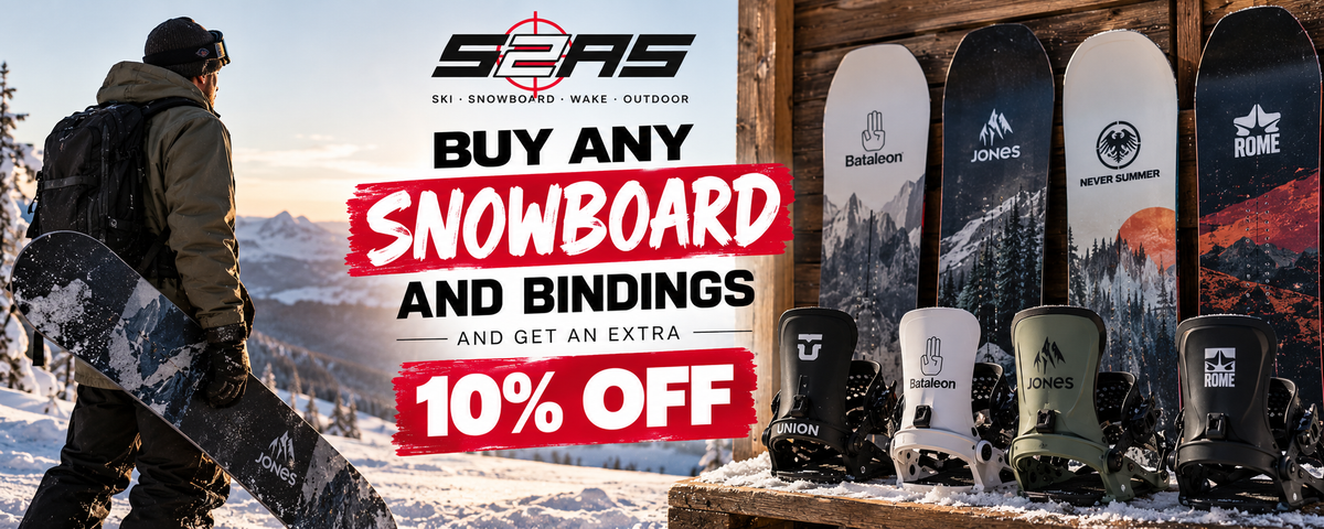 Promotional banner for SEAS snow gear featuring a snowboarder in a snowy mountain setting alongside a lineup of snowboards and bindings mounted on a wooden wall. Large text reads 'BUY ANY SNOWBOARD AND BINDINGS AND GET AN EXTRA 10% OFF'.