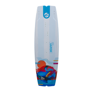 Cabrinha Vapor kiteboard with paulownia wood core designed for smooth control, reduced vibration, and stable performance in choppy powered conditions.