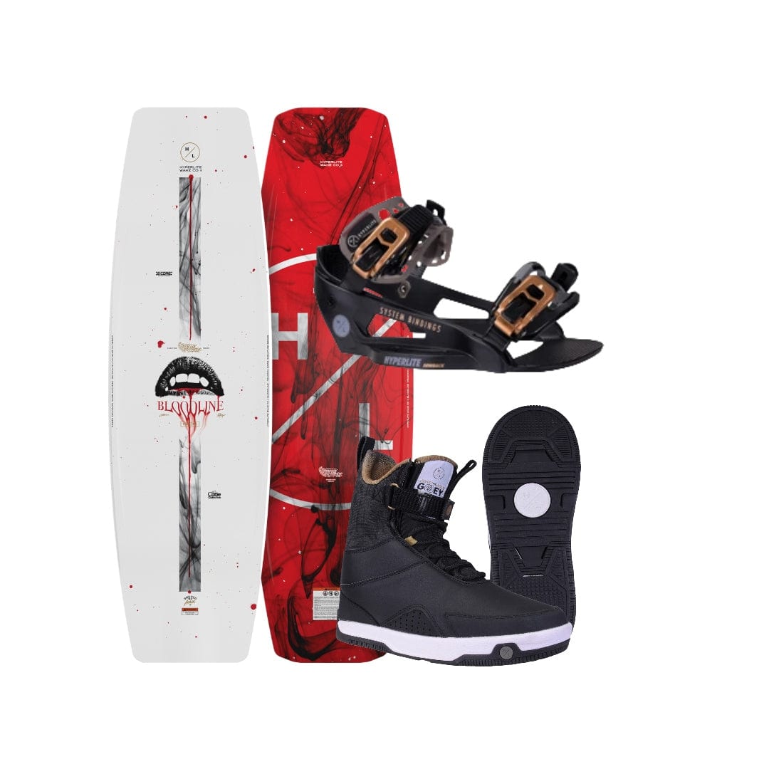 Red and white wakeboard with black bindings and boots