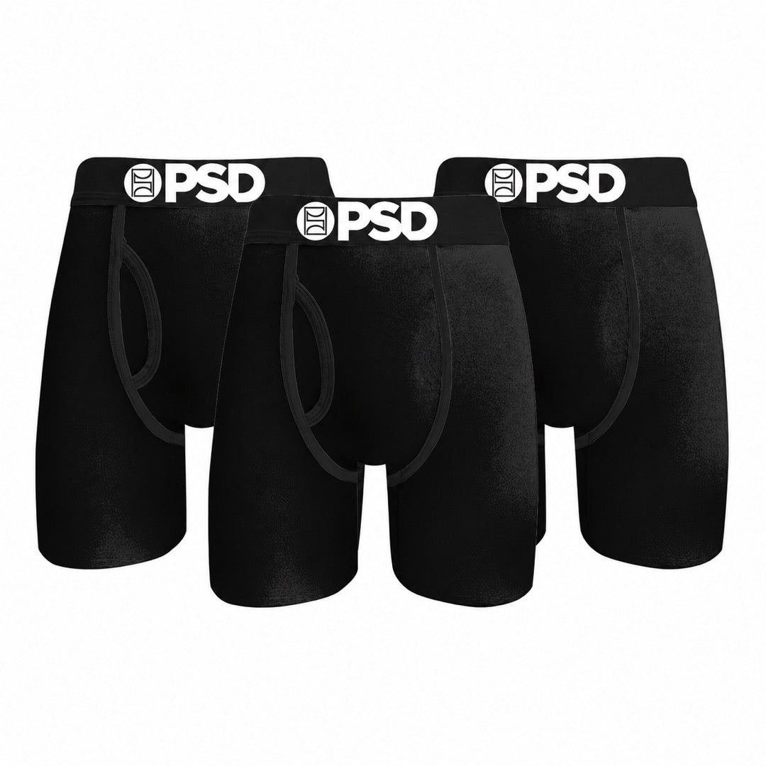 PSD 95/5 Black Cotton 7-Inch Men's Boxer Briefs (3 Pack), front view on a white background