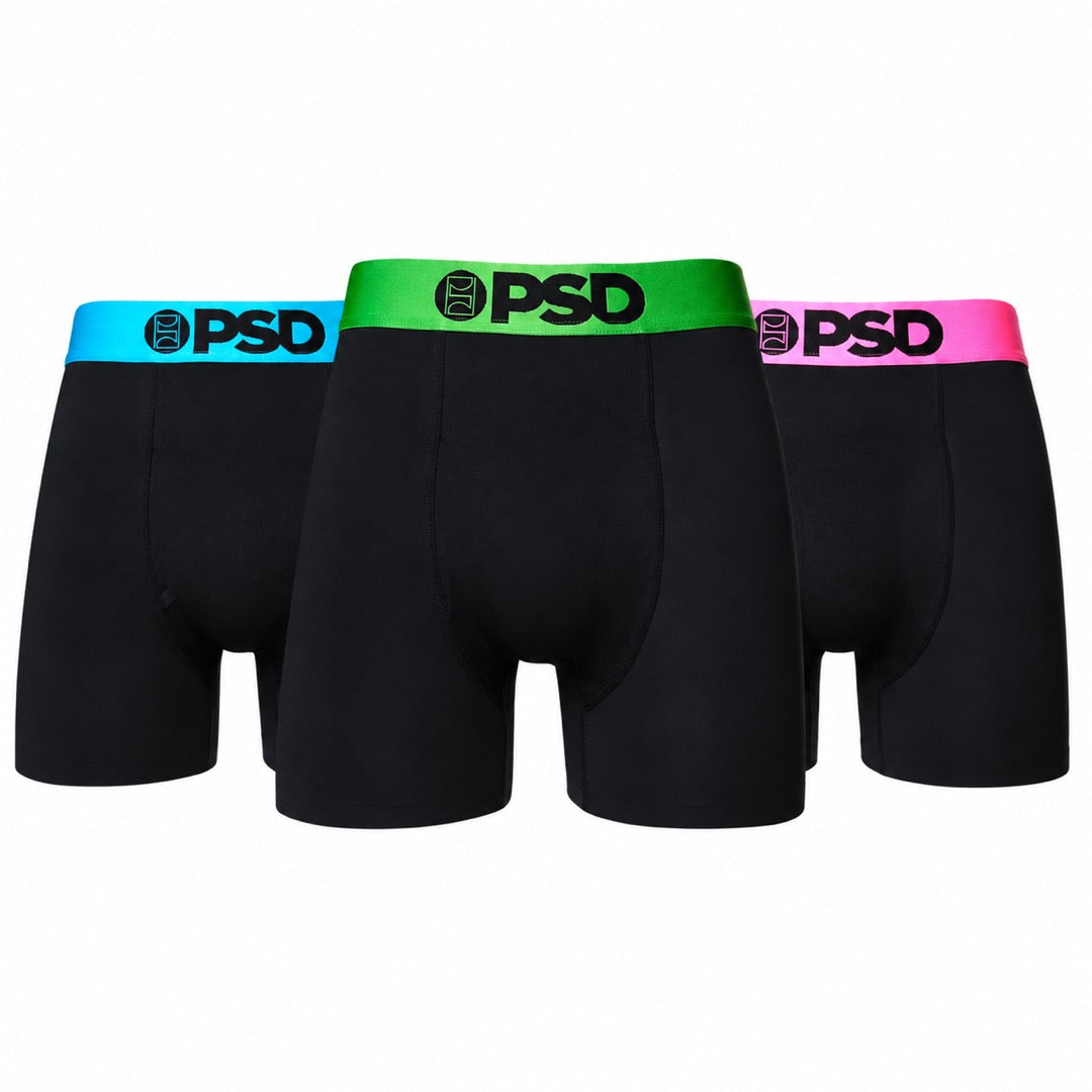 PSD Neon Cotton 5-Inch Men's Boxer Briefs (3 Pack), front view on a white background