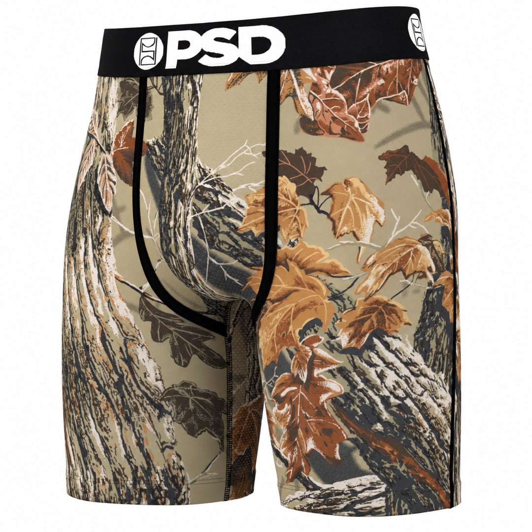 PSD Realtree Xtra Grey Men's Boxer Briefs, front view on a white background