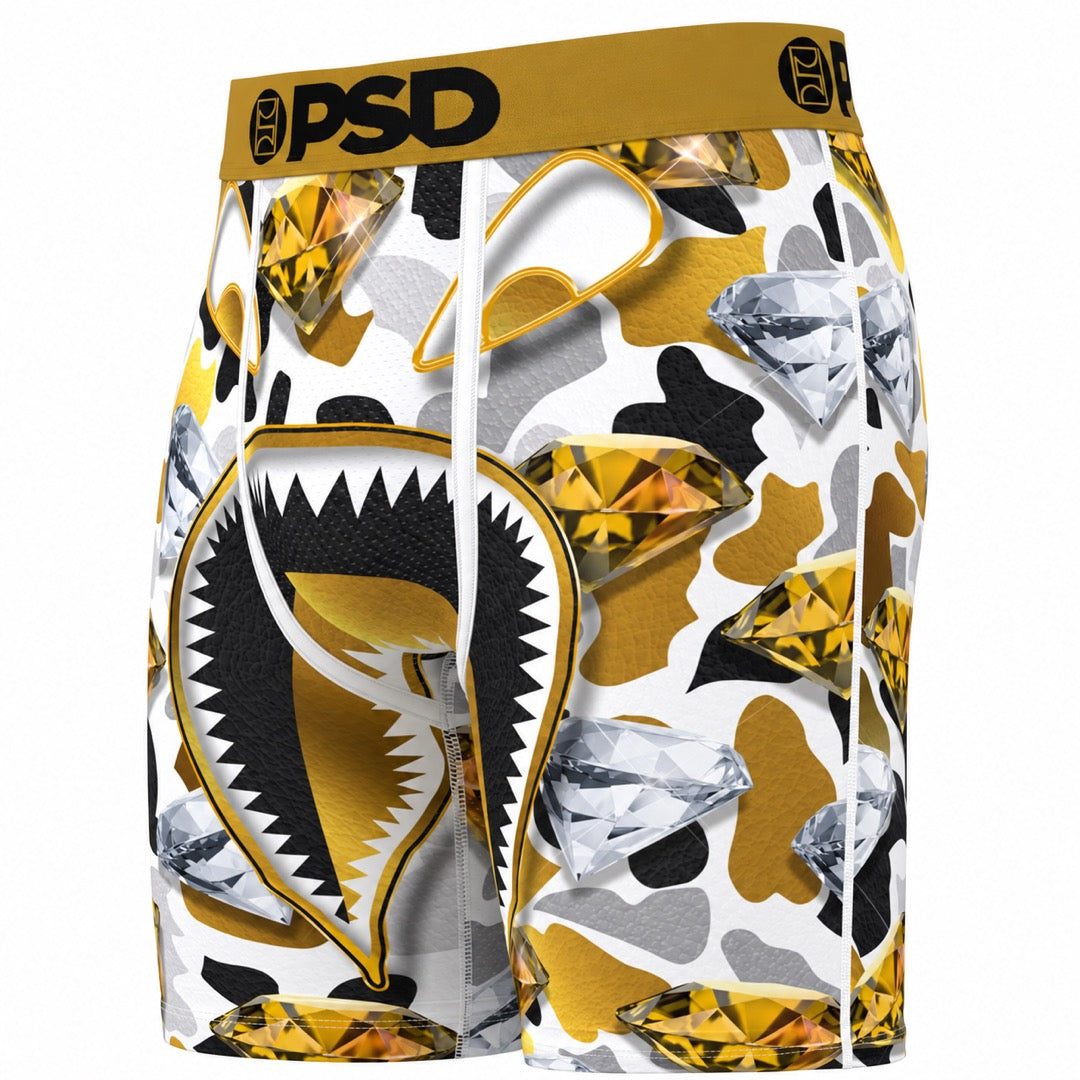 PSD WF Gold Men's Boxer Briefs, front view on a white background