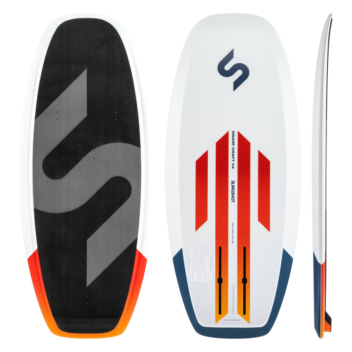 Slingshot Dwarf Craft V4 kite foil board – deck, base and side views