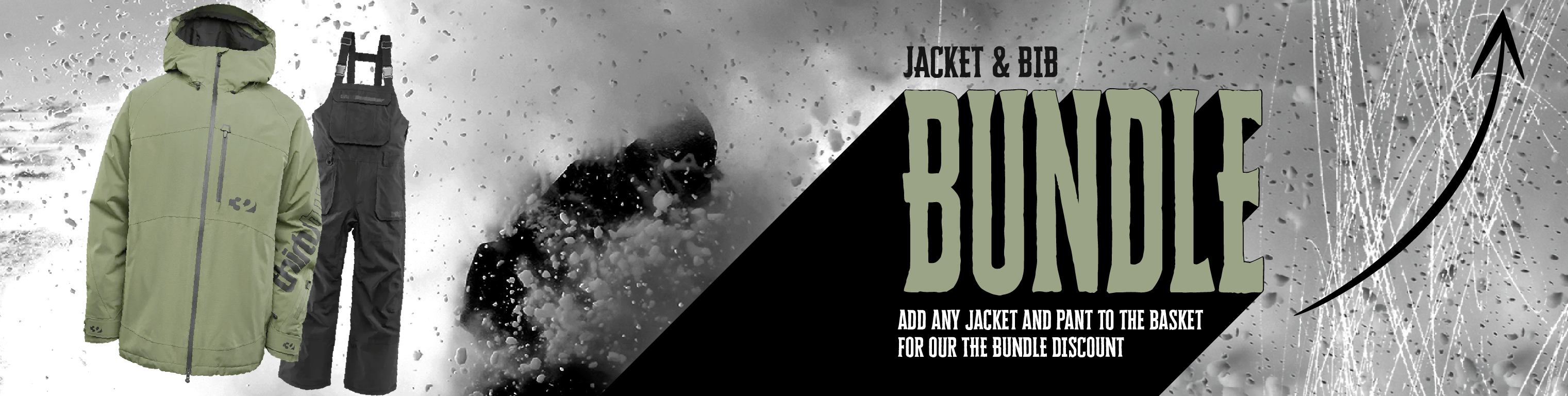 Jacket and bib bundle advertisement with a jacket and bib on a snowy background.