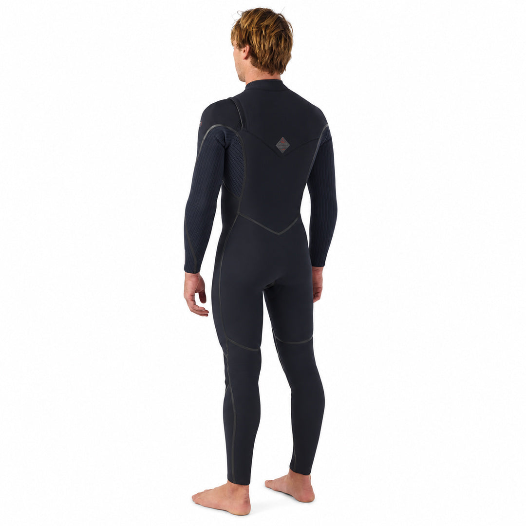 Model wearing 2026 O'Neill Hyperfreak Fire 5/4mm+ Black/Black wetsuit rear view