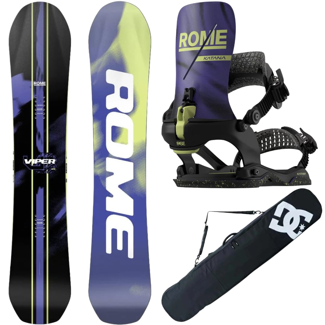 2027 Rome Viper Snowboard Package with Katana AW FASE® Bindings  DC Snowboard Bag Bataleon
