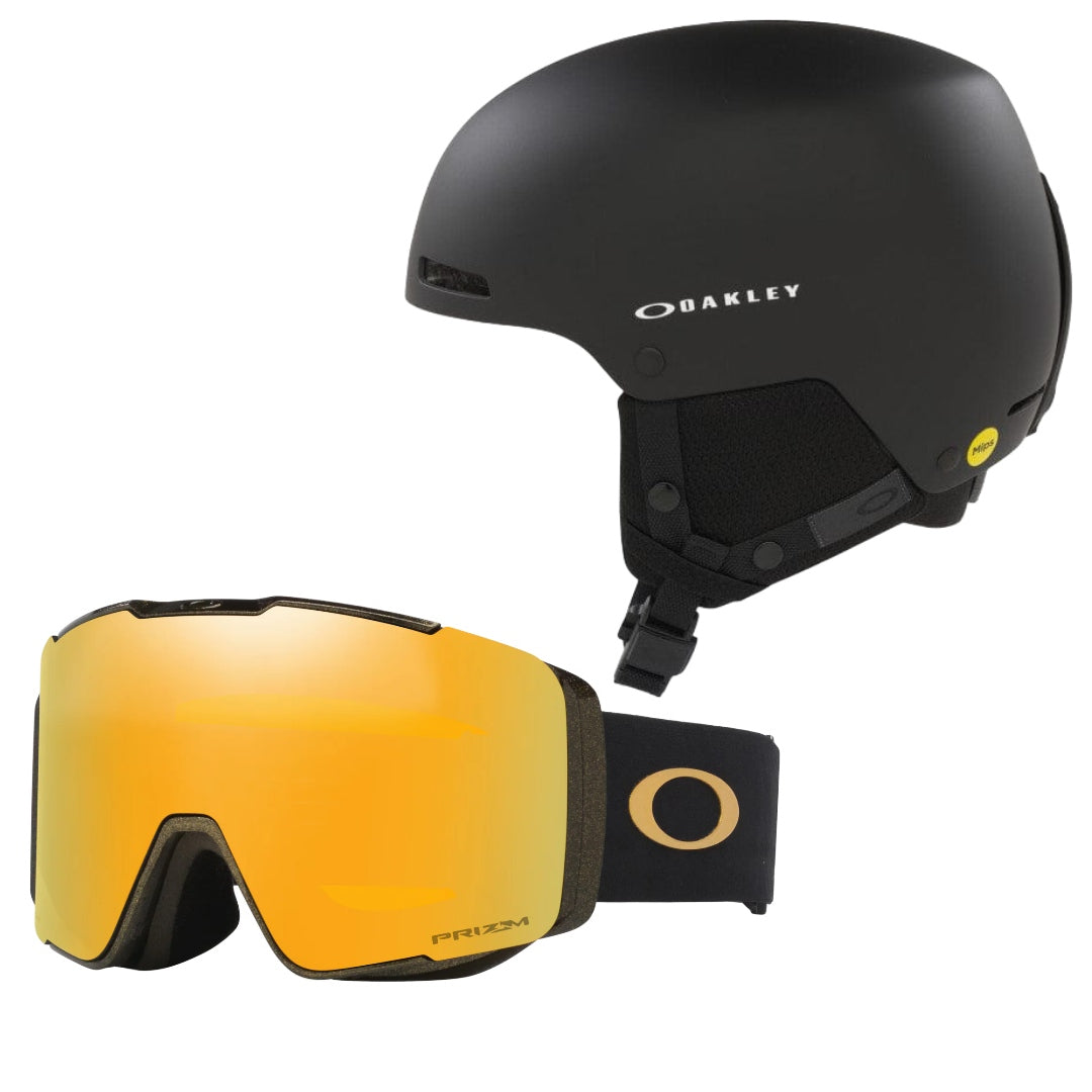 Black Oakley helmet and goggles with orange lenses on a white background