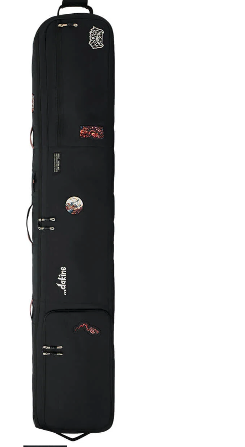 A long black instrument gig bag with multiple pockets, zippers, and decorative patches, shown vertically against a plain white background.