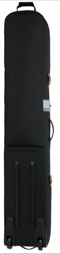 A black hard-shell instrument gig bag with a telescoping handle and wheels, shown against a plain white background.
