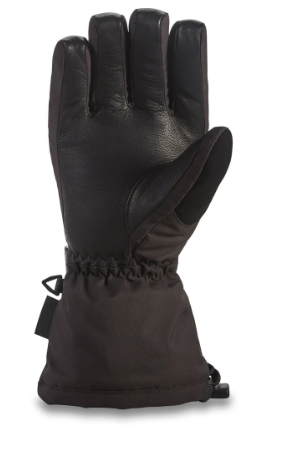 A single black leather and synthetic-fabric glove shown from the back, featuring a textured leather back, a smooth palm side, and an elasticated wrist cuff with a small black tag, isolated on a white background.