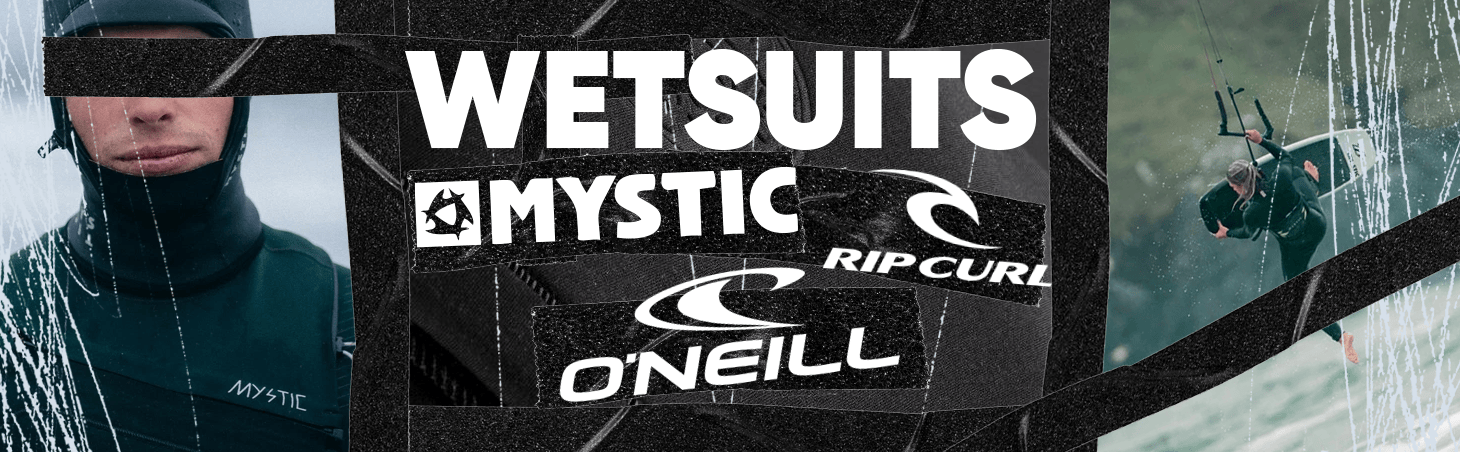 Promotional banner for wetsuits featuring brands like Mystic, Rip Curl, and O'Neill with a person in a wetsuit on a snowy background.