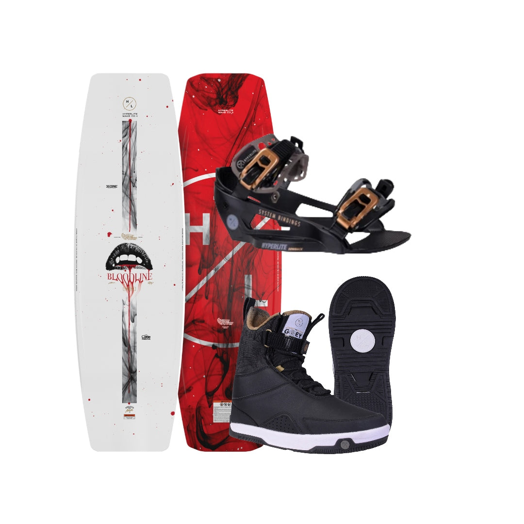 Red and white wakeboard with black bindings and boots
