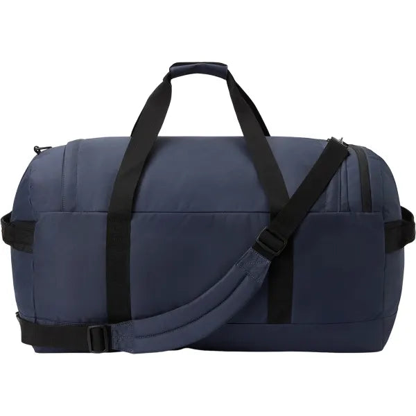 A navy blue duffel bag with black handles and a detachable shoulder strap, shown against a plain white background.