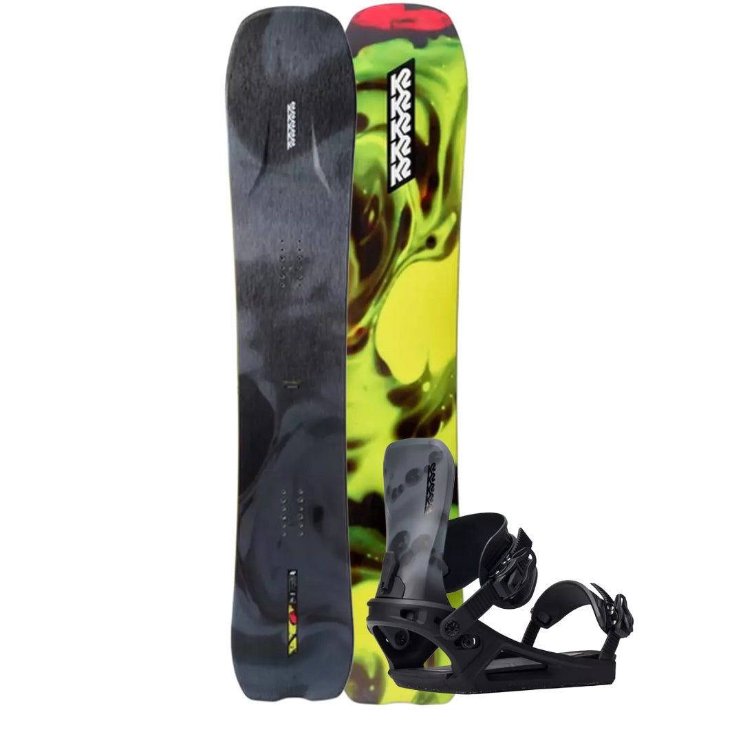 Snowboard with colorful design and bindings on a white background