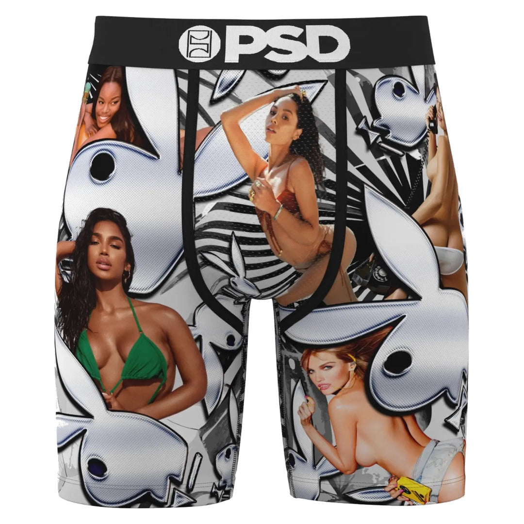 PSD Playboy Bunny Chrome Men's Boxer Briefs, front view on a white background