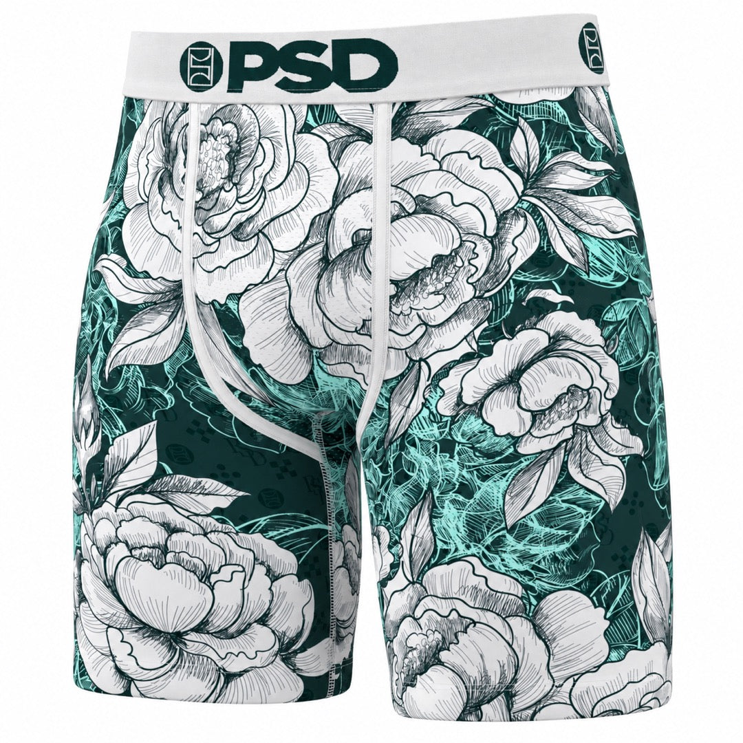 PSD Sheer Floral Men's Boxer Briefs, front view on a white background
