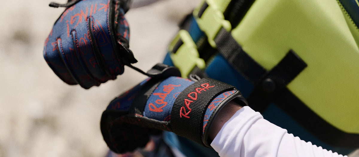 2027 Radar T.R.A Kids Inside-Out Waterski Glove - Blue / Chaka Red